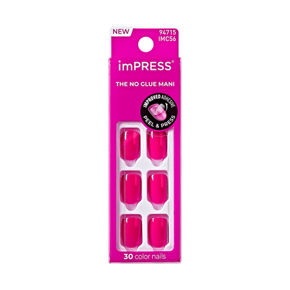 Bright pink imPRESS press-on nails in packaging with text highlighting no glue needed and improved adhesive peel &amp; press, containing 30 nails.