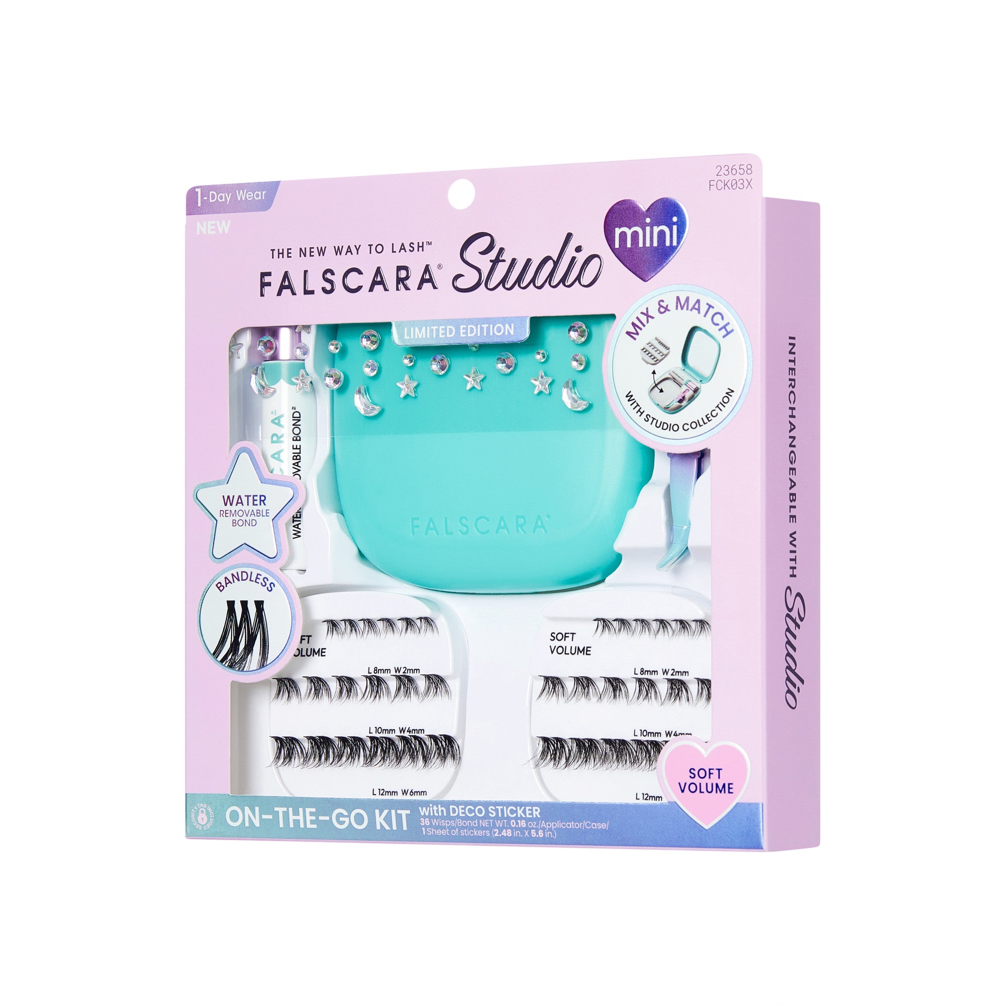 Falscara Studio mini on-the-go kit packaging with false eyelashes and tools.