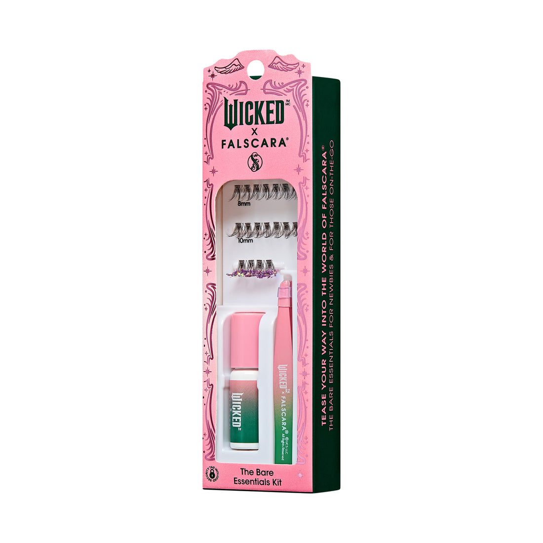 The image features a product packaging for the "Wicked x Falscara The Bare Essentials Kit." The packaging is predominantly pink with decorative elements, showcasing a sleek design. It includes a pair of false eyelashes, a bonding applicator, and a remover. The branding emphasizes a playful and stylish aesthetic, appealing to those interested in enhancing their lash look. The kit is designed for easy application and removal, making it suitable for both beginners and experienced users.