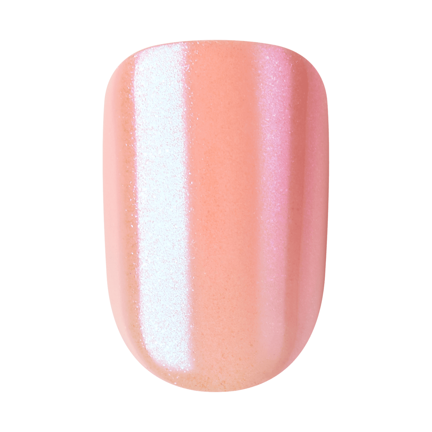 The image shows a close-up of a single fingernail painted with a glossy, iridescent nail polish. The polish has a peachy-pink base color with a shimmering, pearlescent finish that reflects light, creating a subtle gradient effect. The surface of the nail is smooth and shiny, giving it a polished and well-manicured appearance.