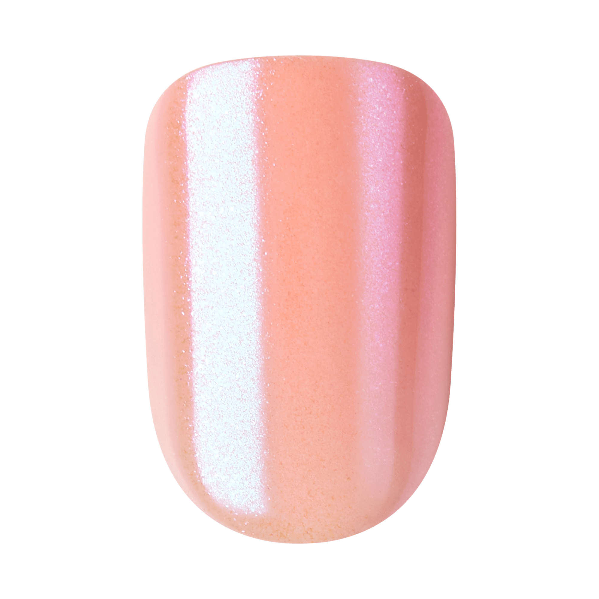 The image shows a close-up of a single fingernail painted with a glossy, iridescent nail polish. The polish has a peachy-pink base color with a shimmering, pearlescent finish that reflects light, creating a subtle gradient effect. The surface of the nail is smooth and shiny, giving it a polished and well-manicured appearance.