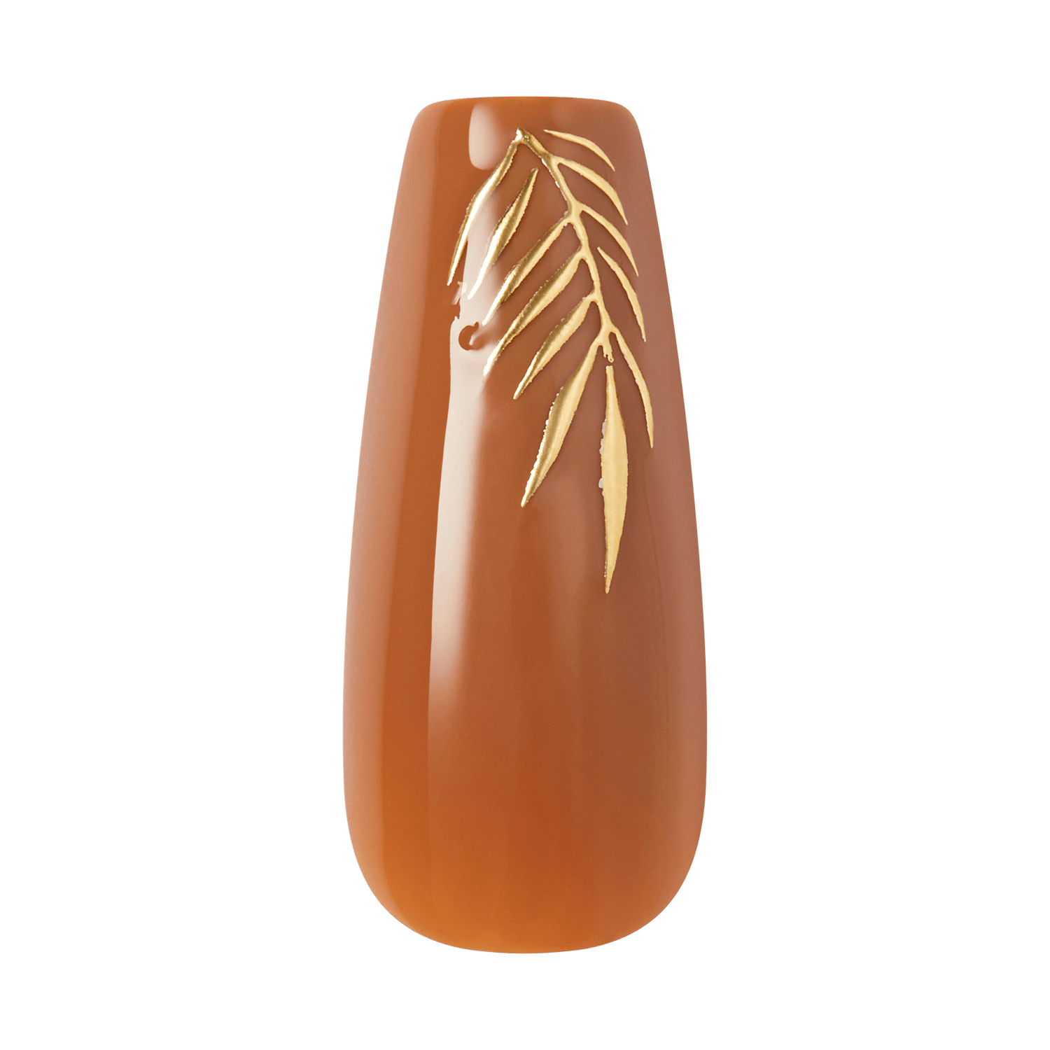 Close-up of a single nude brown press-on nail with gold leaf branch design on transparent background