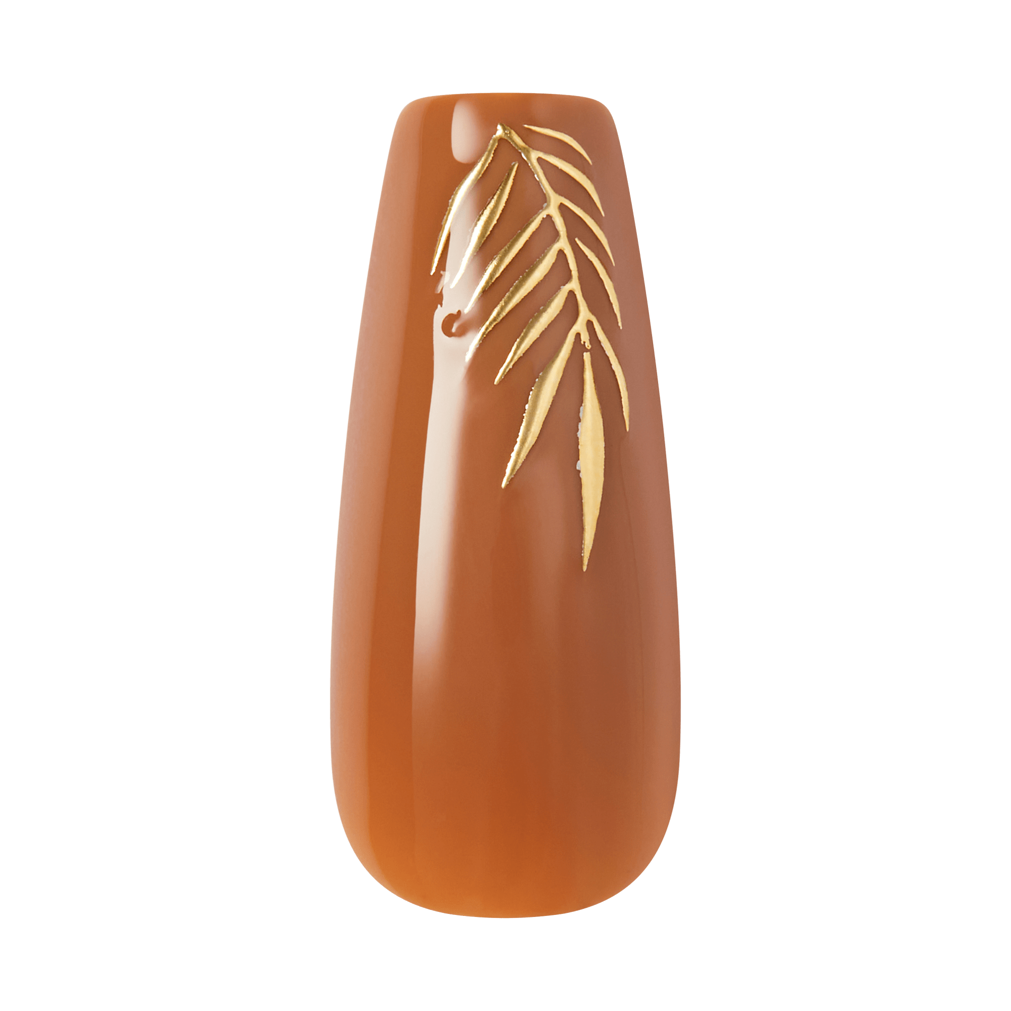 Close-up of a single nude brown press-on nail with gold leaf branch design on transparent background