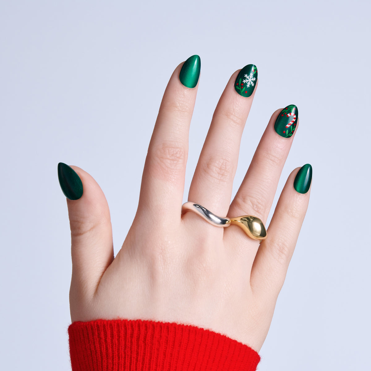 Kiss Merry Holiday Press On Fake Glue Nails Almond - Gifted Glam | Design, Green, Short, Almond