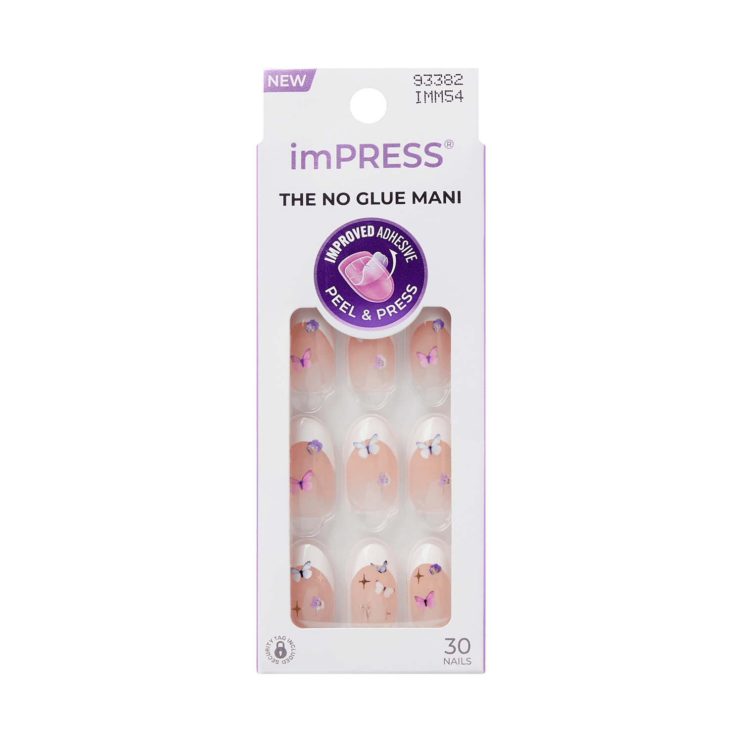 The image features a packaging for imPRESS nails, specifically labeled as "THE NO GLUE MANI." The package contains 30 press-on nails, showcasing a design that includes a light pink base with decorative elements, likely floral or artistic accents. The packaging highlights the "improved adhesive" feature and emphasizes the ease of use with a "peel &amp; press" application method. The overall design is sleek and modern, aimed at providing a convenient and stylish nail solution.