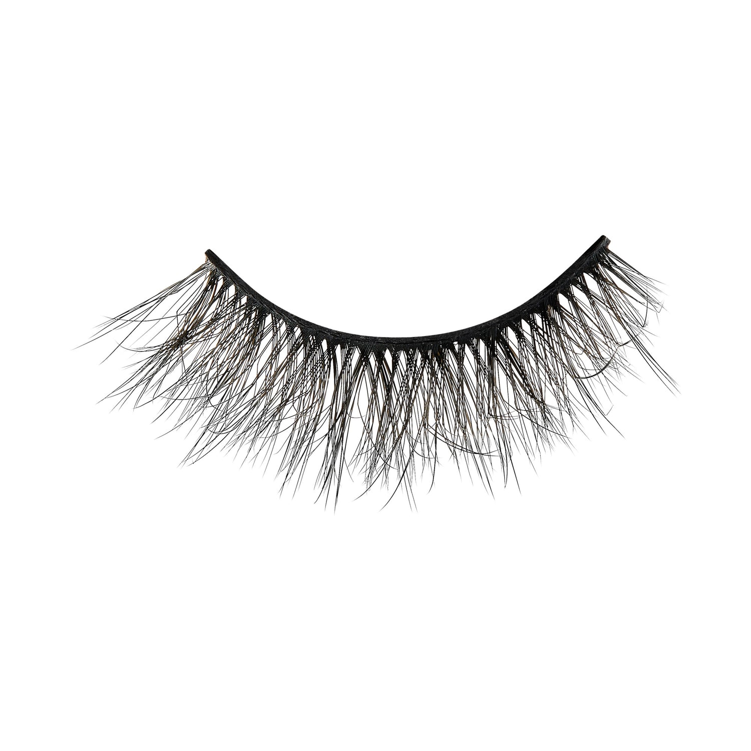 Black false eyelashes with dramatic, layered lashes on white background.