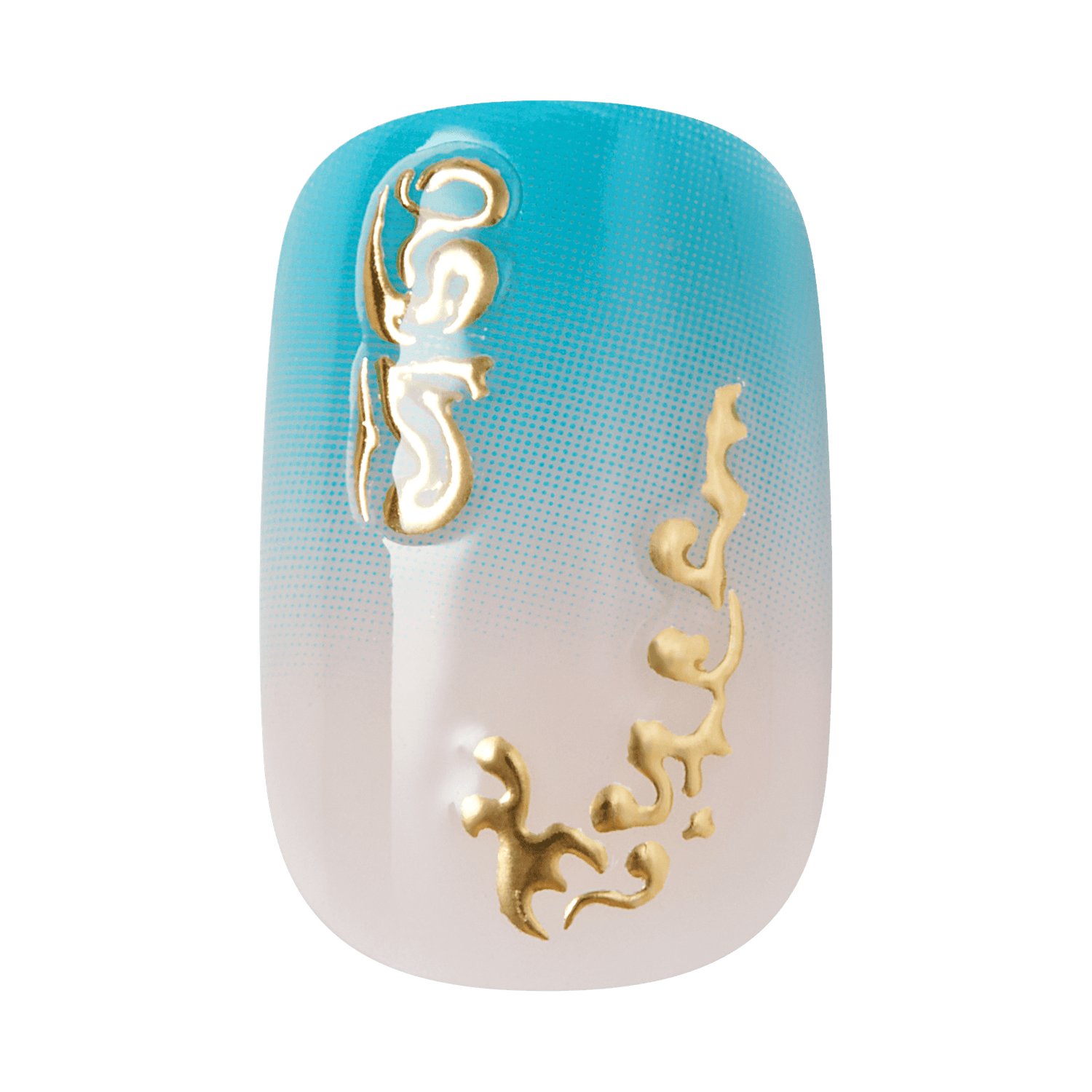 Decorative nail art with gold designs on a gradient blue and white background