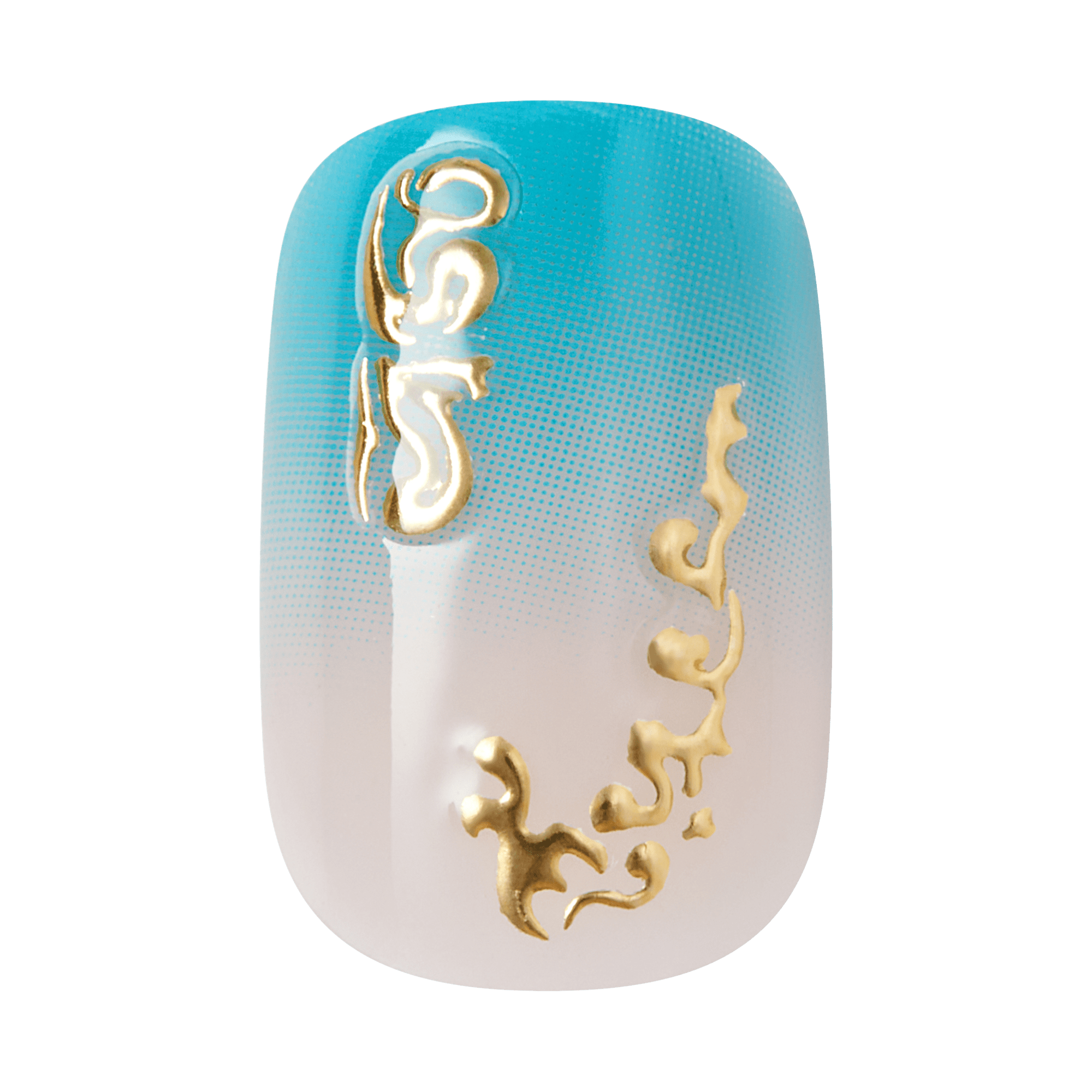 Decorative nail art with gold designs on a gradient blue and white background