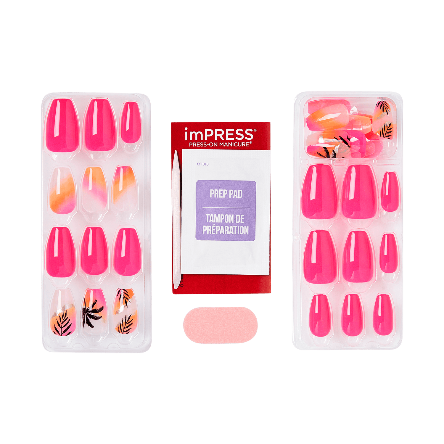 Packaged press-on nails with a preparation pad on a transparent background
