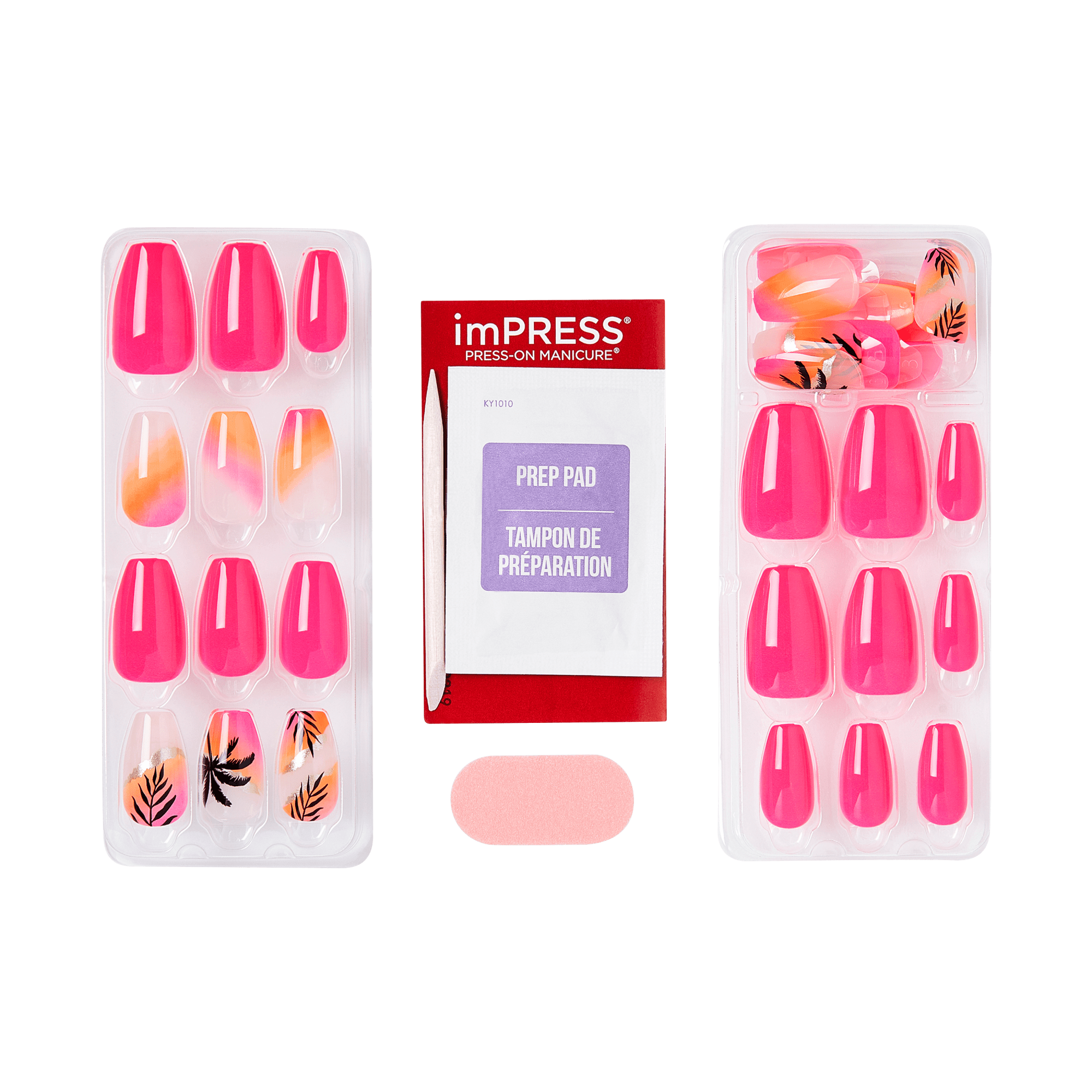 Packaged press-on nails with a preparation pad on a transparent background