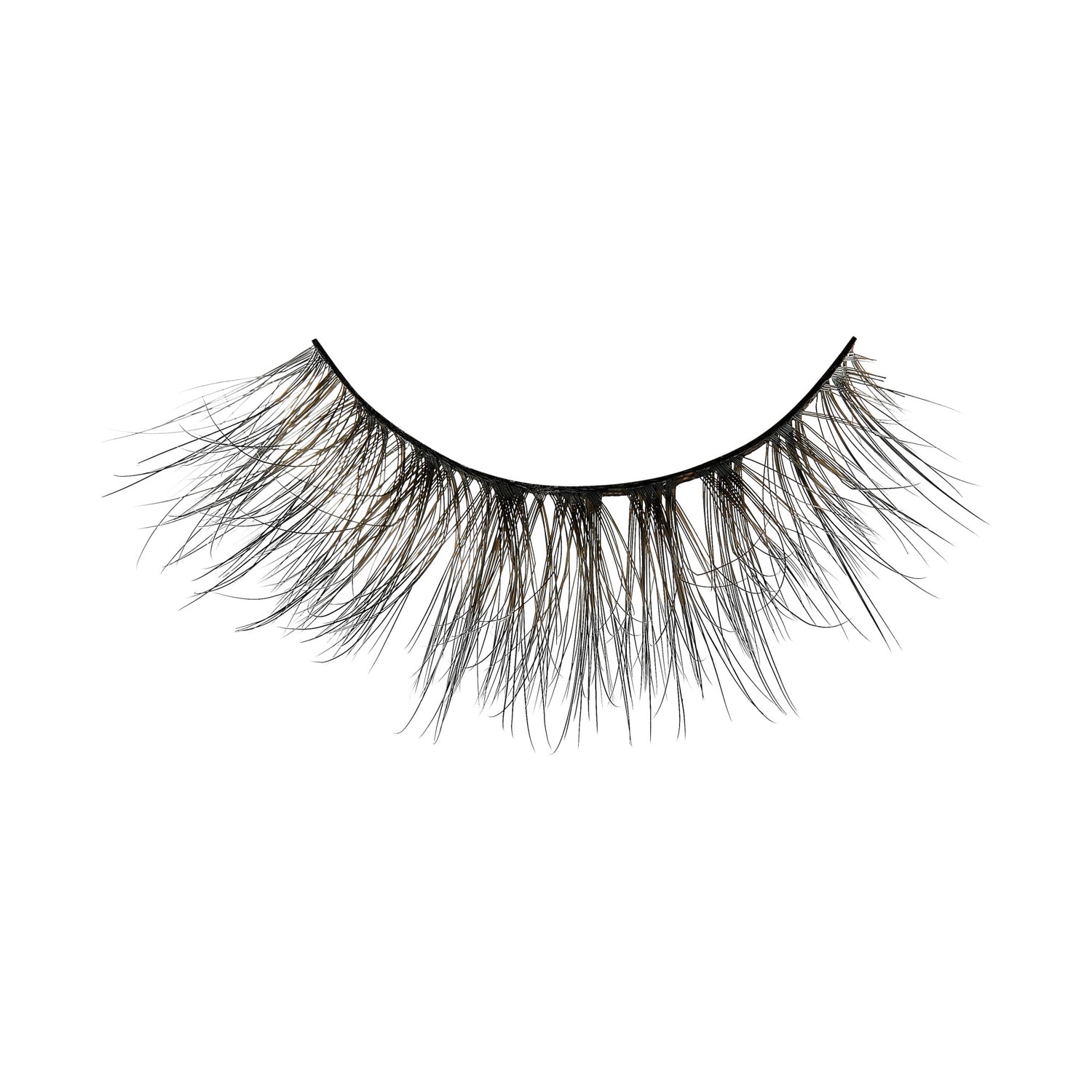 Black false eyelashes with dramatic volume and layered lashes on white background.