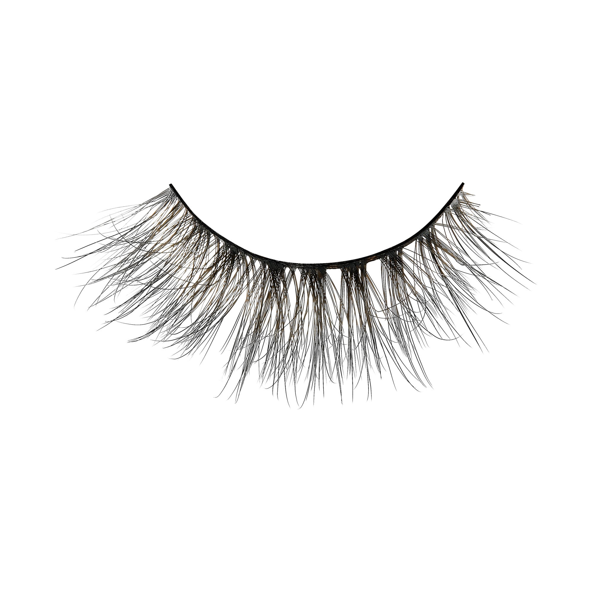 Black false eyelashes with dramatic volume and layered lashes on white background.