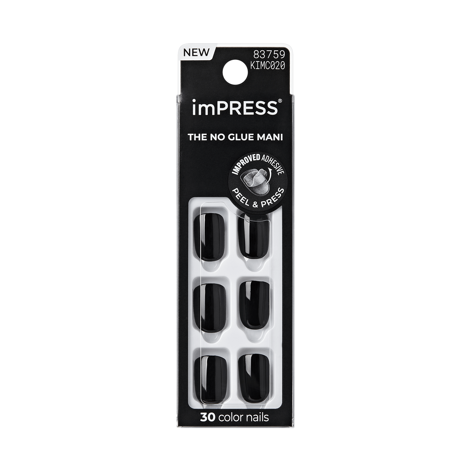 Packaging for imPRESS press-on nails in glossy black, showing 30 nails with a window display; text highlights \