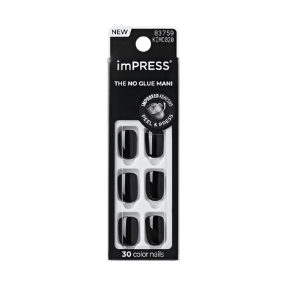 Packaging for imPRESS press-on nails in glossy black, showing 30 nails with a window display; text highlights \