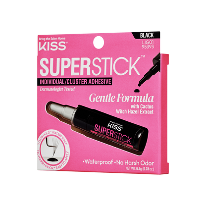 KISS Superstick Lash Cluster Adhesive in black packaging with pink background, labeled waterproof, no harsh odor, gentle formula with cactus and witch hazel extract.