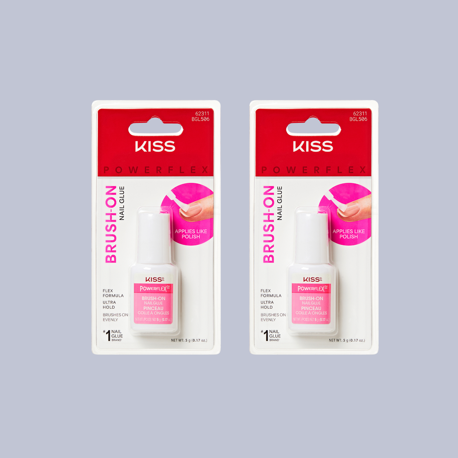 Two packages of Kiss Powerlink Brush-On Nail Glue on a gray background