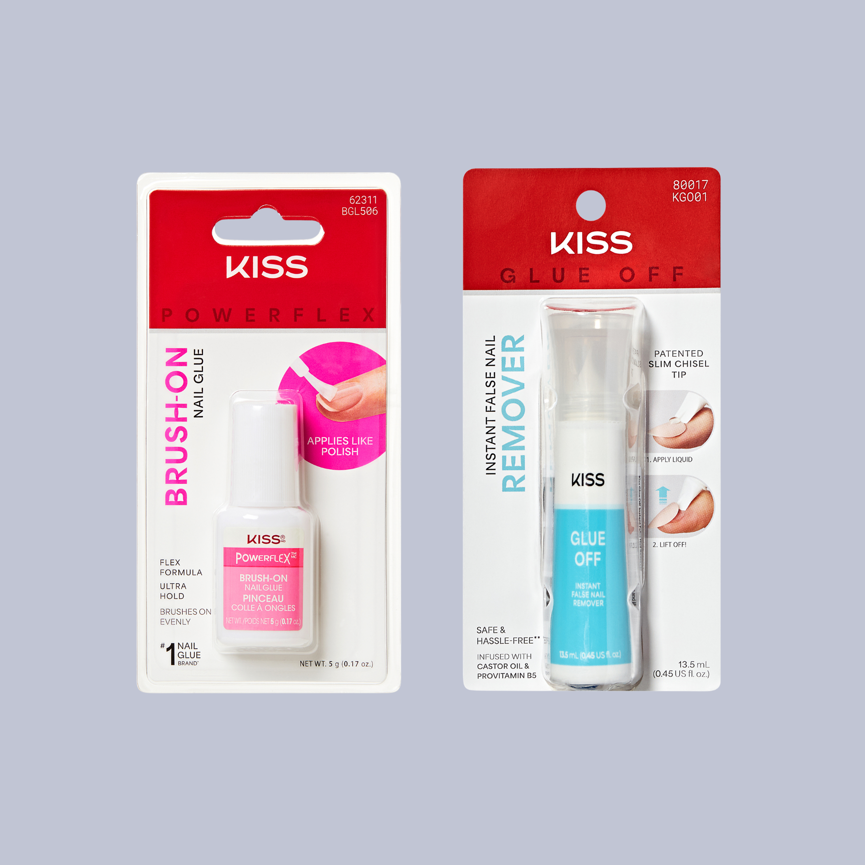 Kiss nail glue and remover packaging on a gray background
