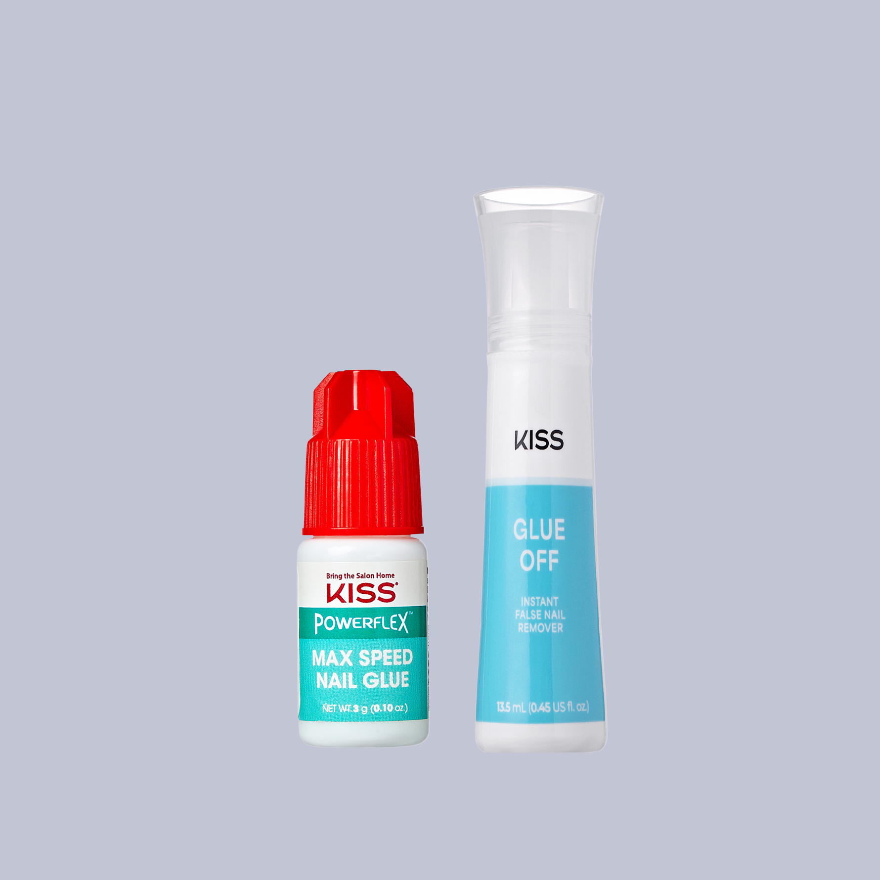 Two bottles of KISS nail glue on a gray background