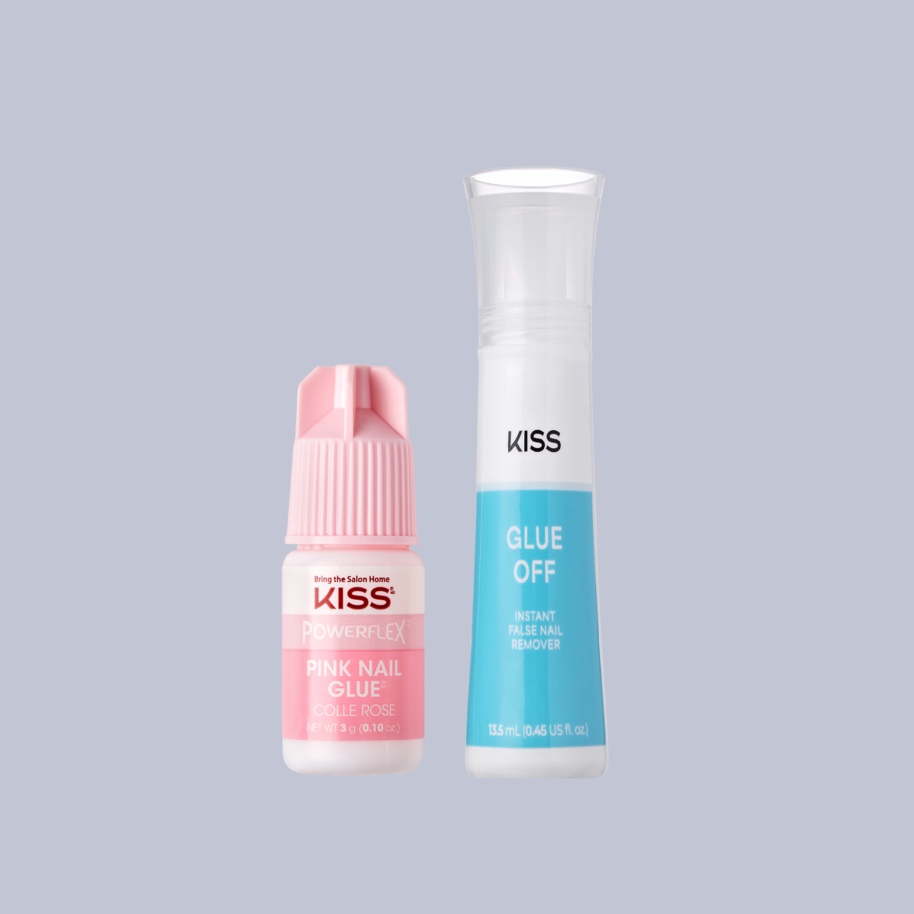 Two bottles of KISS nail products on a light gray background