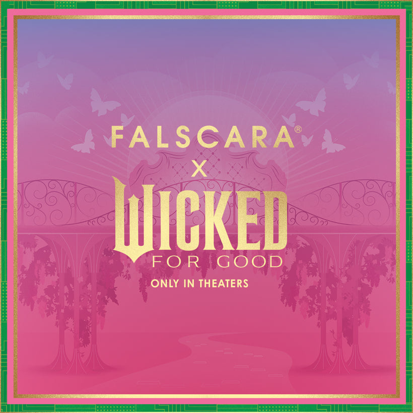 Falscara x Wicked For Good theatrical movie poster with pink and gold design
