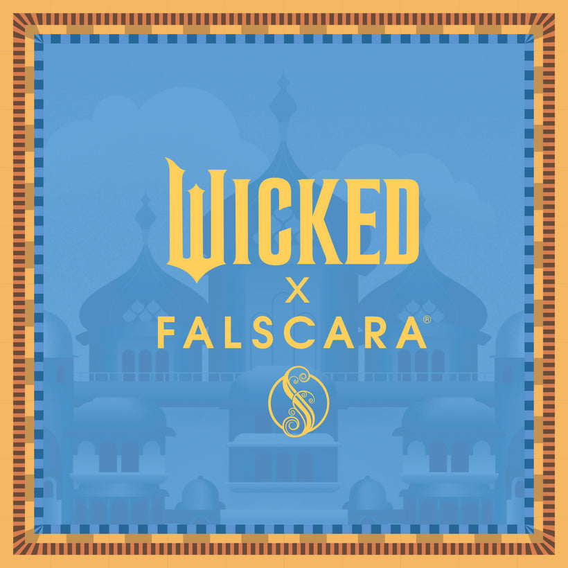 Wicked x Falscara collaboration logo with ornate blue background and gold text