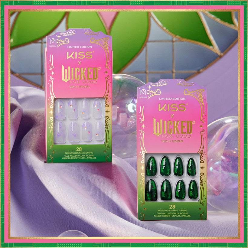 KISS x Wicked Limited Edition nail sets: lavender glitter and emerald green designs, 28 nails each.
