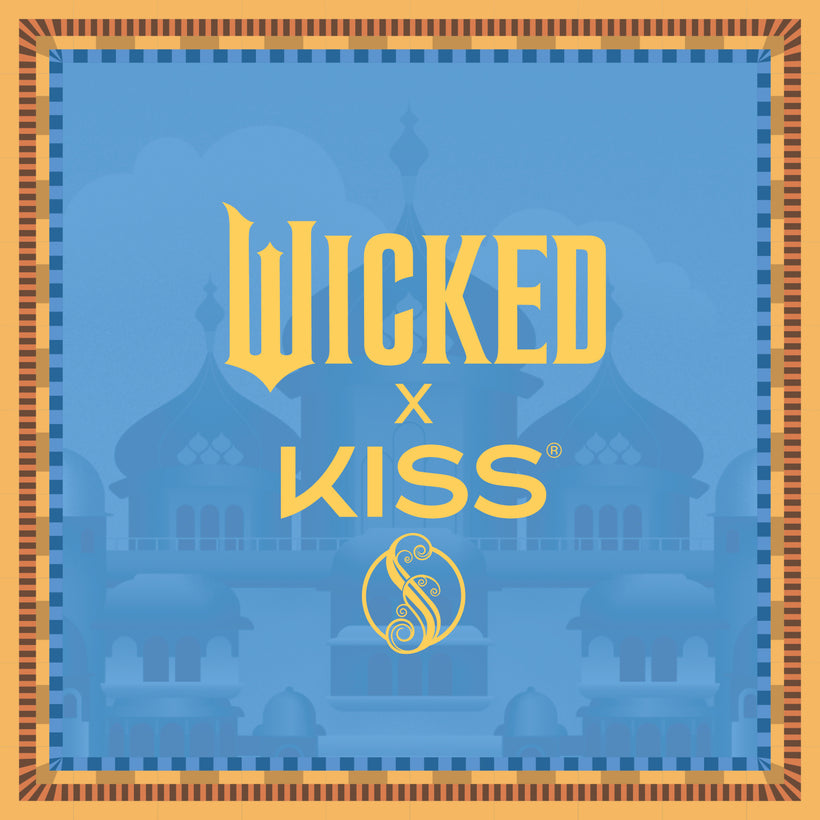 Wicked x KISS collaboration logo with ornate gold text on blue background