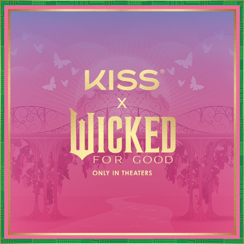KISS x Wicked For Good movie poster, pink background with gold text, only in theaters