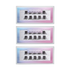 Three rectangular packages of FALSCARA false eyelashes, each showing a set of black wispy lashes inside a window on a blue-to-pink gradient background. The packaging text reads \