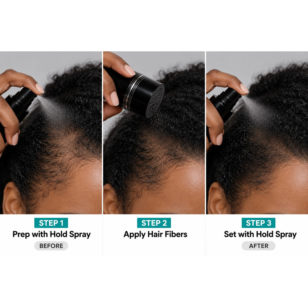 Kiss Colors &amp; Care Real Hair Fiber &amp; Fiber Hold Spray Set | Natural Black, Instant Density Duo, Quick Cover, Starter Kit, Hair Color