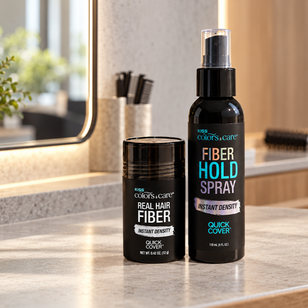 Kiss Colors &amp; Care Real Hair Fiber &amp; Fiber Hold Spray Set | Natural Black, Instant Density Duo, Quick Cover, Starter Kit, Hair Color