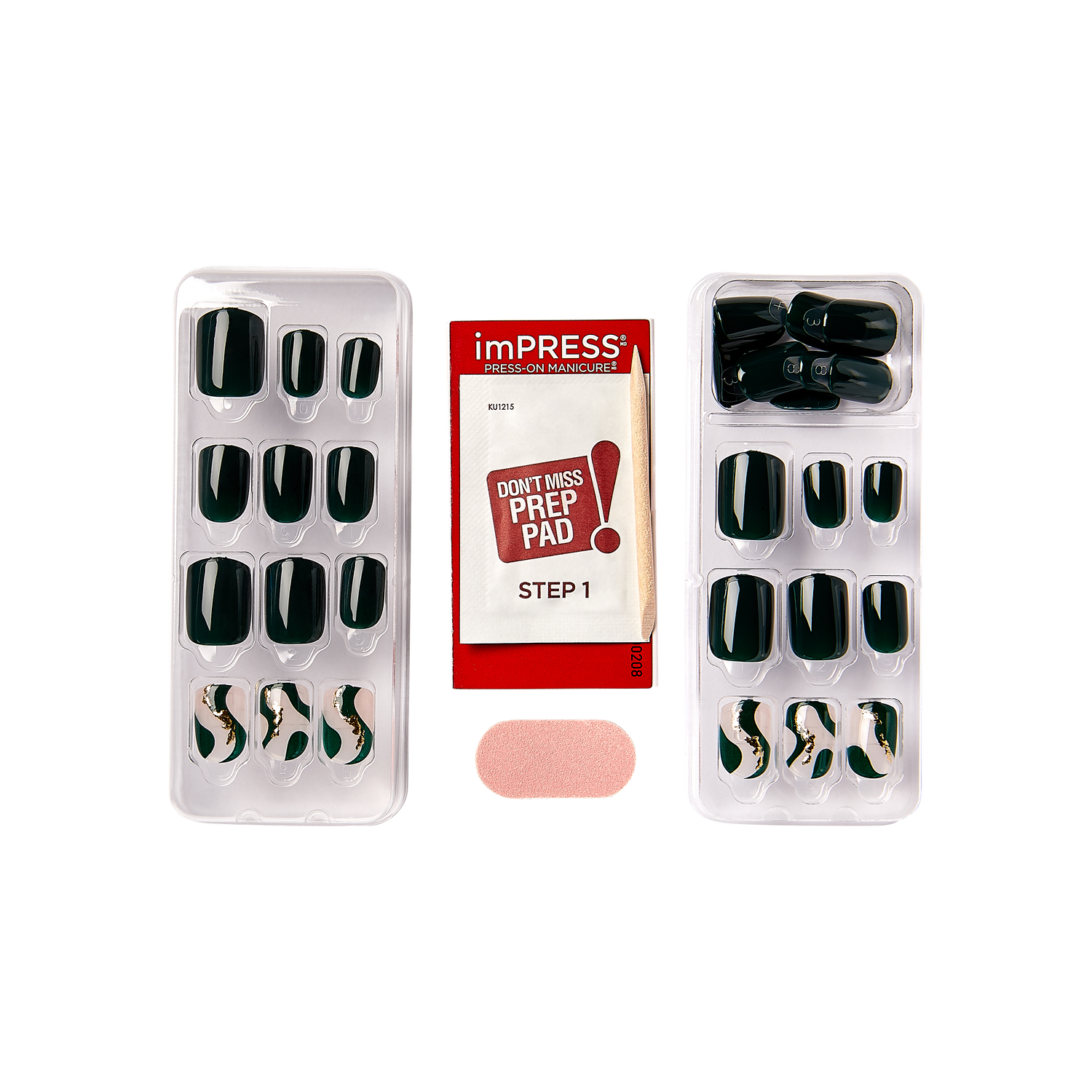 Two trays of glossy press-on nails in dark green with three accent nails featuring abstract gold and white designs, a red and white prep pad packet labeled \
