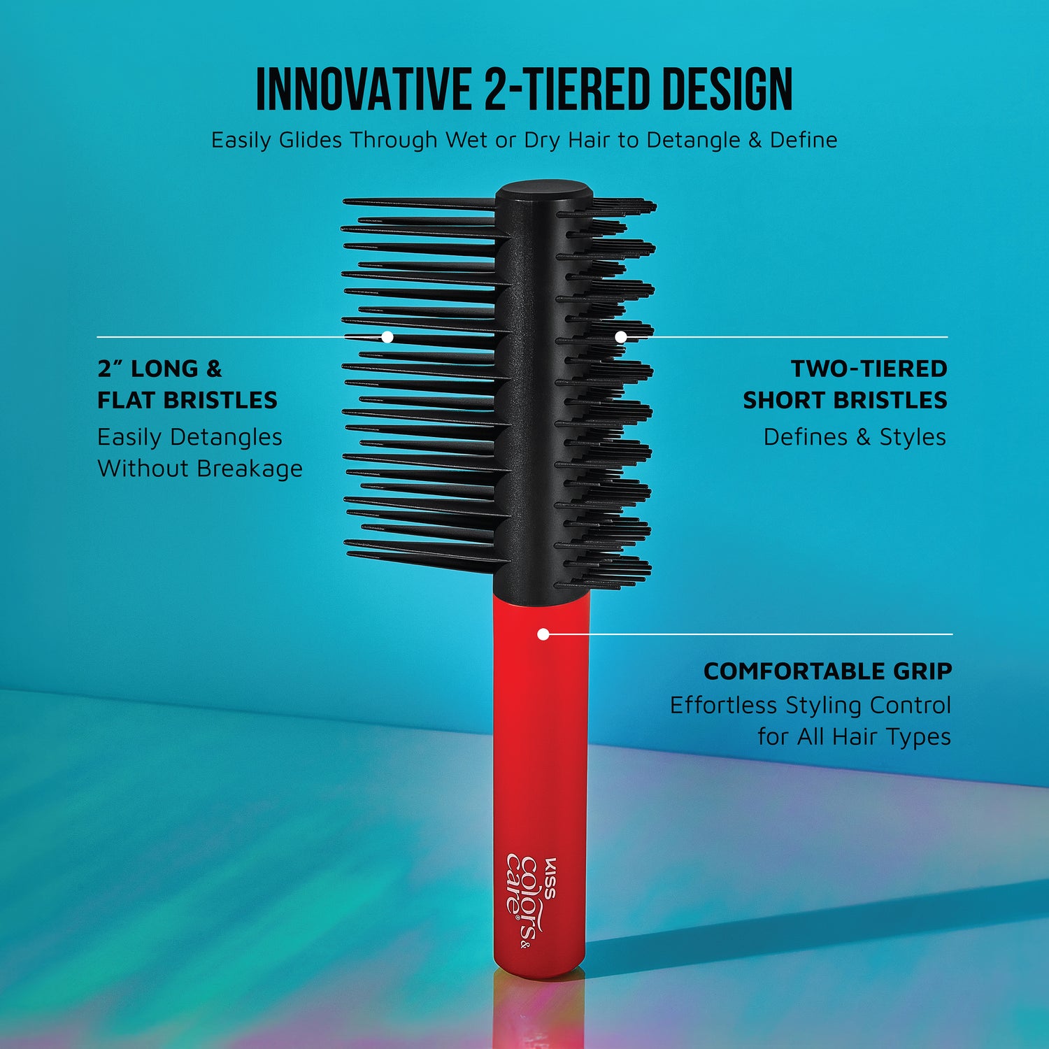 Black and red KISS Colors &amp; Care 2-in-1 hairbrush with innovative 2-tiered design, long and short bristles for detangling and styling, and comfortable grip.