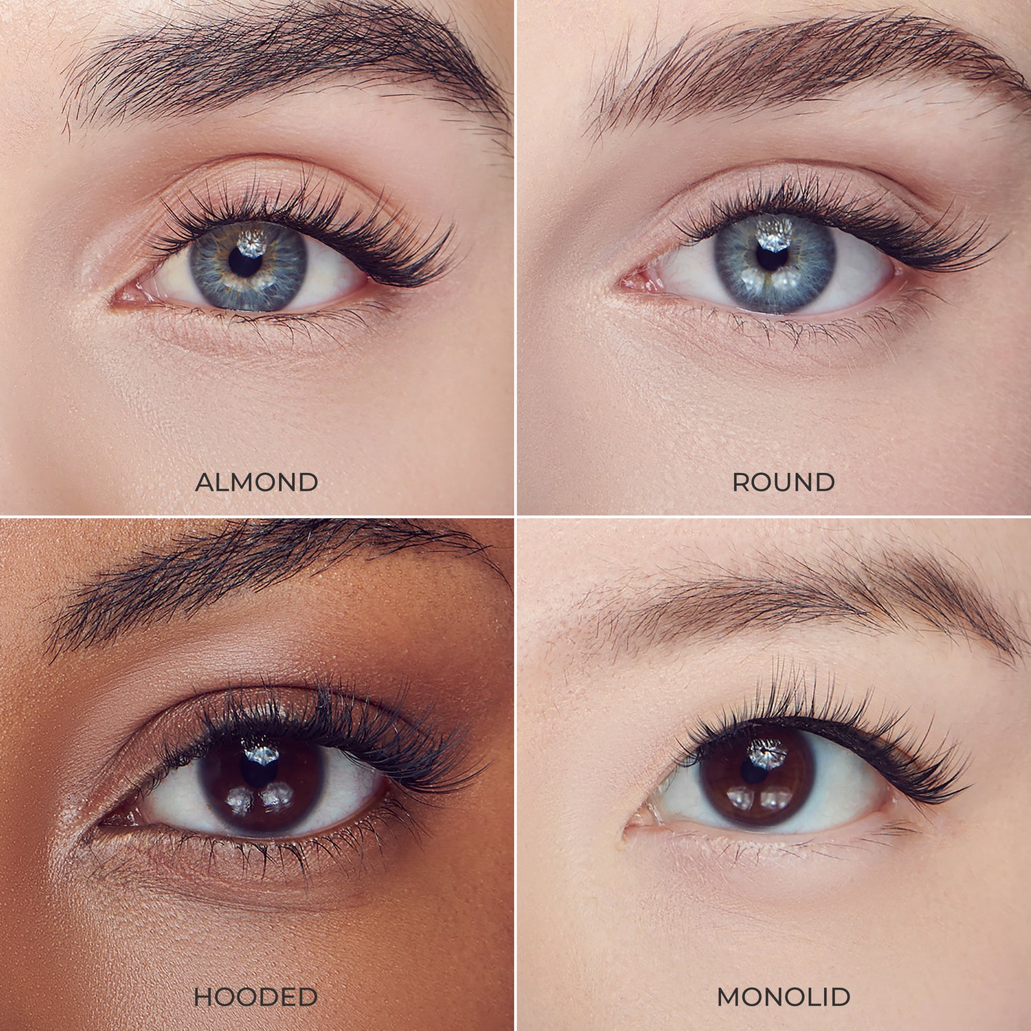 Close-up grid of four eyes with 36 lengthening lash wisps applied, labeled Almond, Round, Hooded, and Monolid, showcasing different eye shapes.
