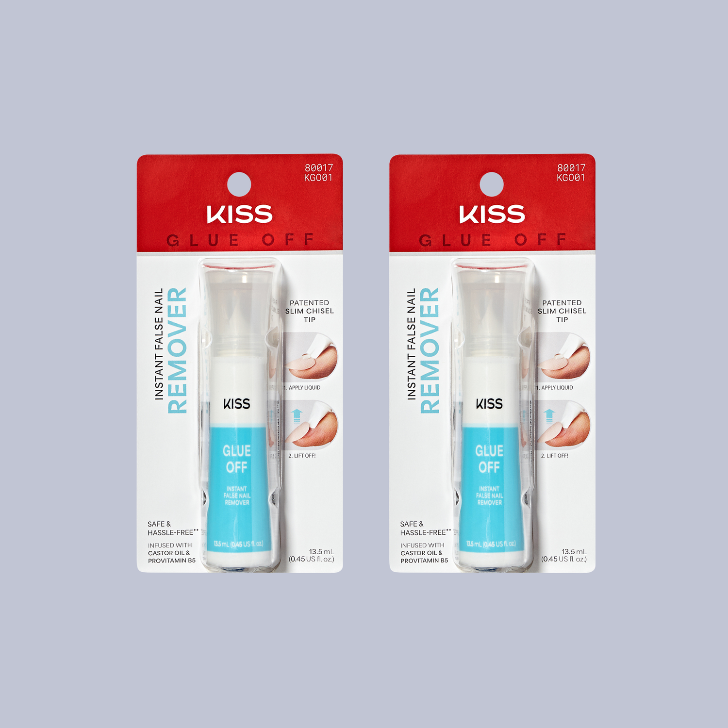 Two packages of Kiss Glue Off Instant False Nail Remover on a gray background