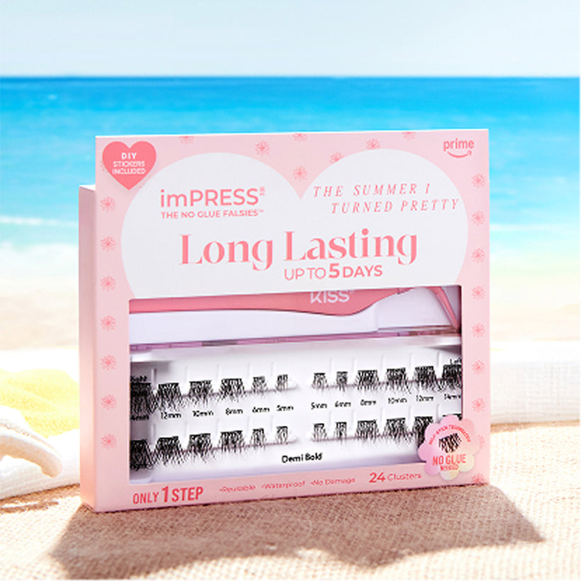KISS imPRESS Long Lasting press-on nails package with beach background display