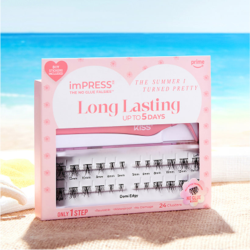 KISS imPRESS Long Lasting False Lashes, no glue, up to 5 days wear, 24 clusters, Demi Edgy style on beach background.