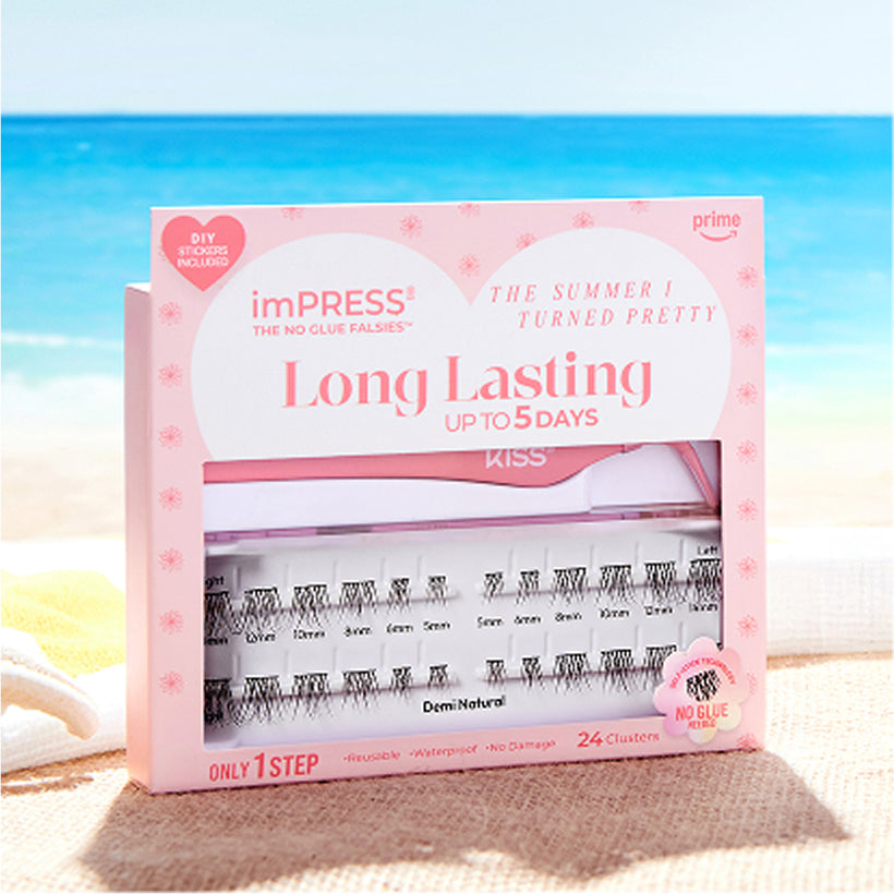 KISS imPRESS Long Lasting no-glue false eyelashes, demi natural style, 24 clusters.