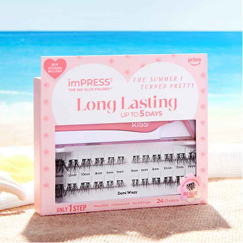 KISS imPRESS Long Lasting False Eyelashes, Demi Wispy, 24 clusters, no glue required.