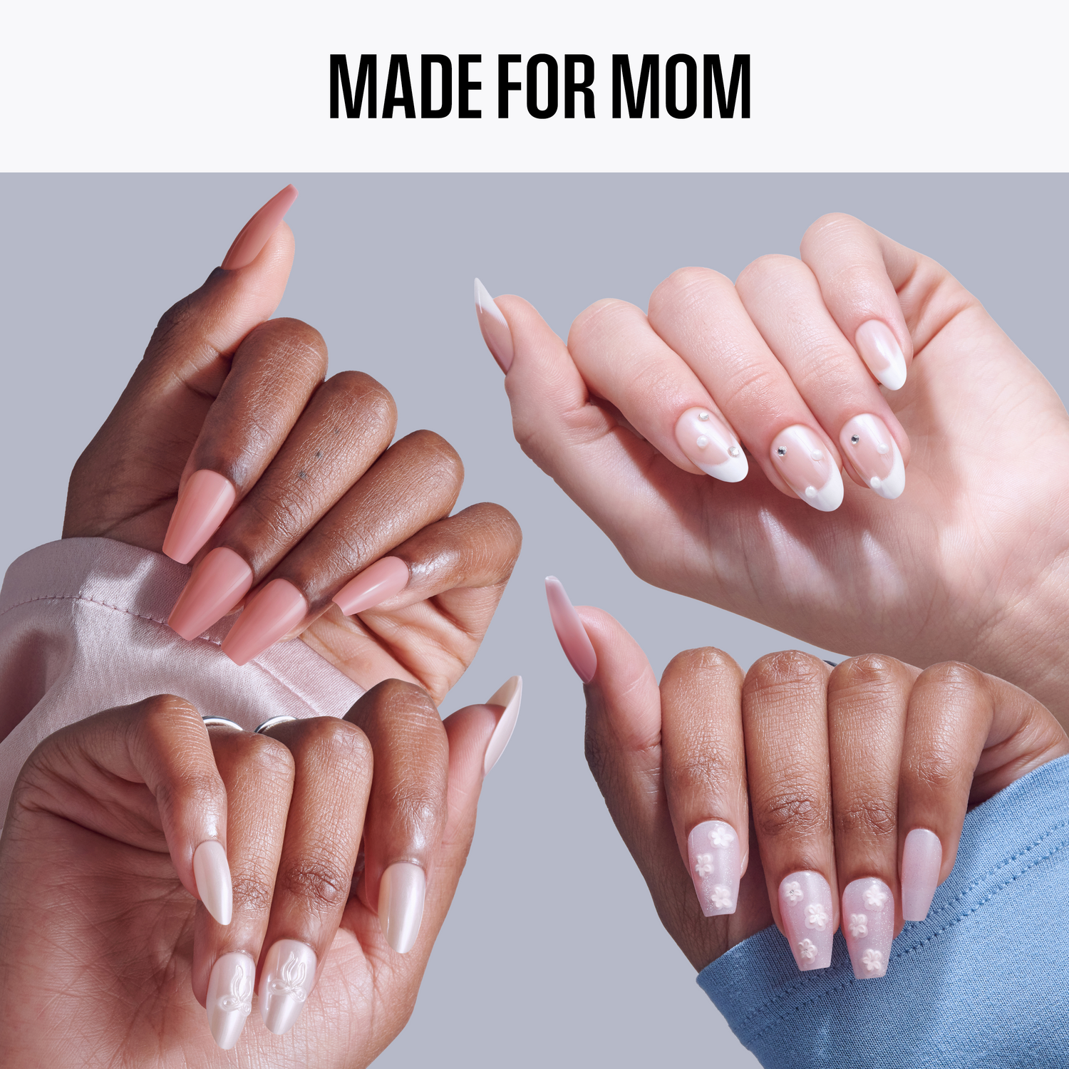 Hands with various nail colors and lengths on a light gray background with &