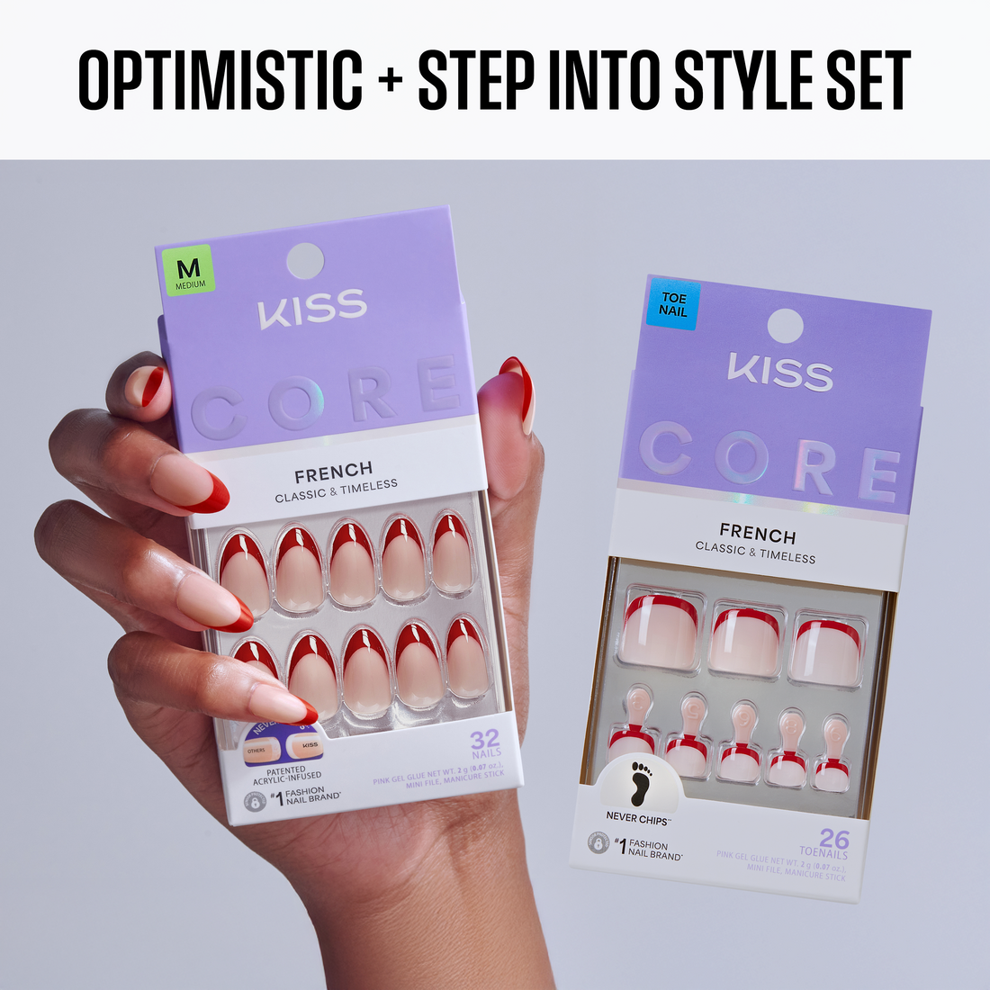 KISS CORE Color Press On Glue Mani-Pedi Bundle - Optimistic + Step Into Style Set