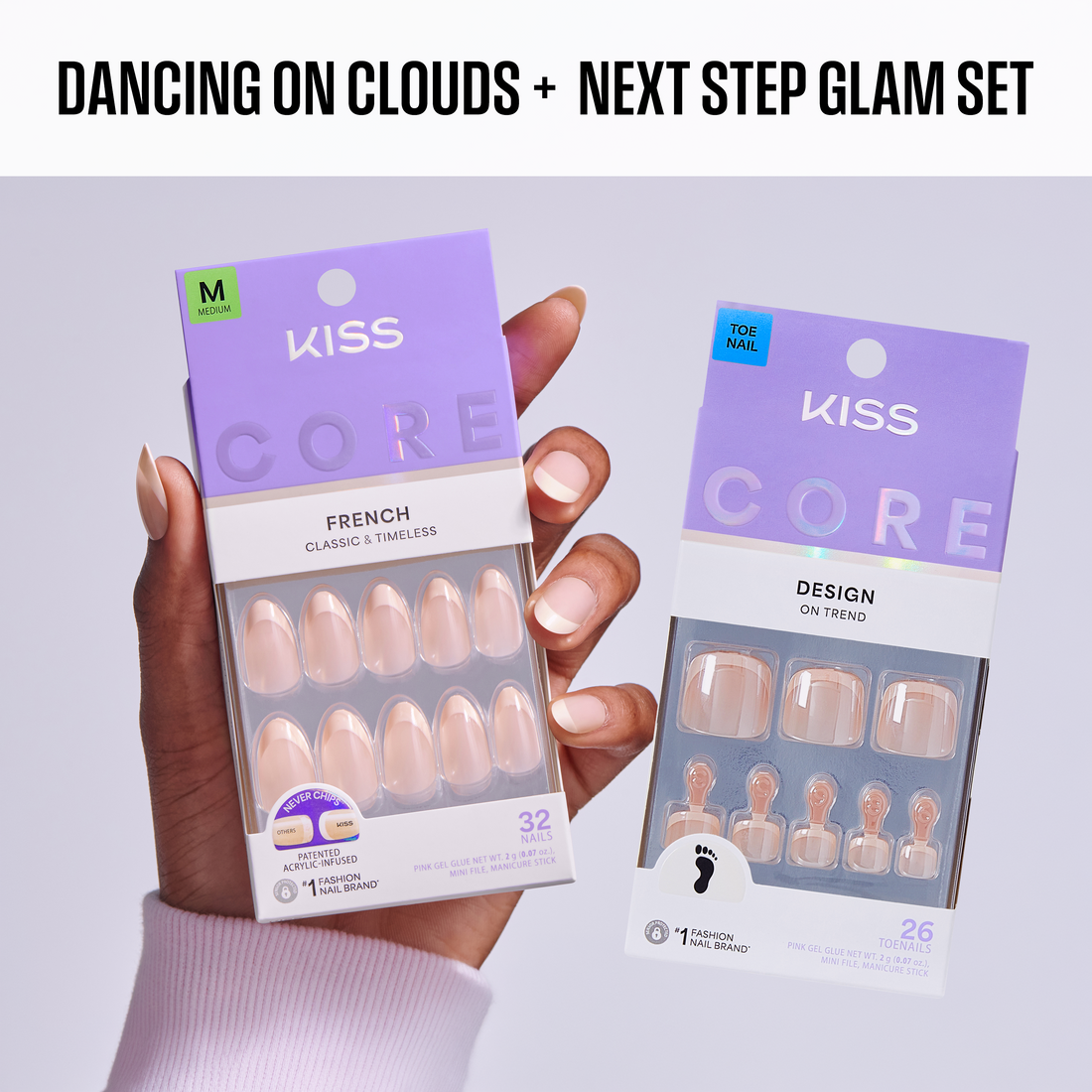 KISS CORE French Press On Glue Mani-Pedi Bundle - Dancing On Clouds + Next Step Glam Set