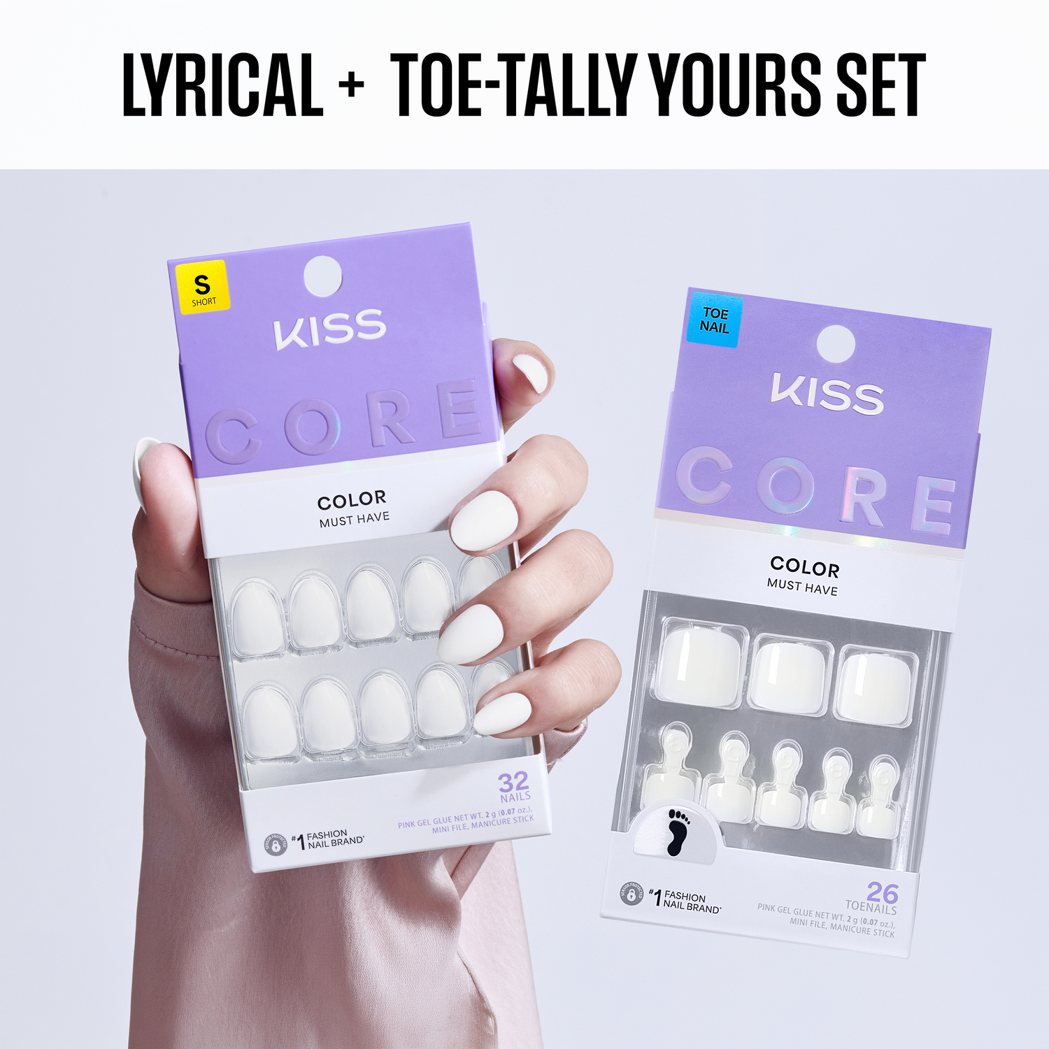 KISS Core nail extensions in packaging held by a hand with white nails on a light gray background.