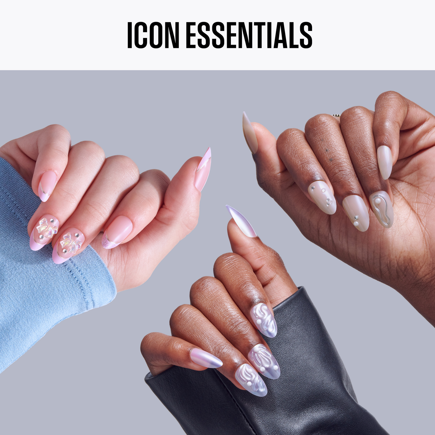 Three hands with stylized nails against a gray background, labeled &