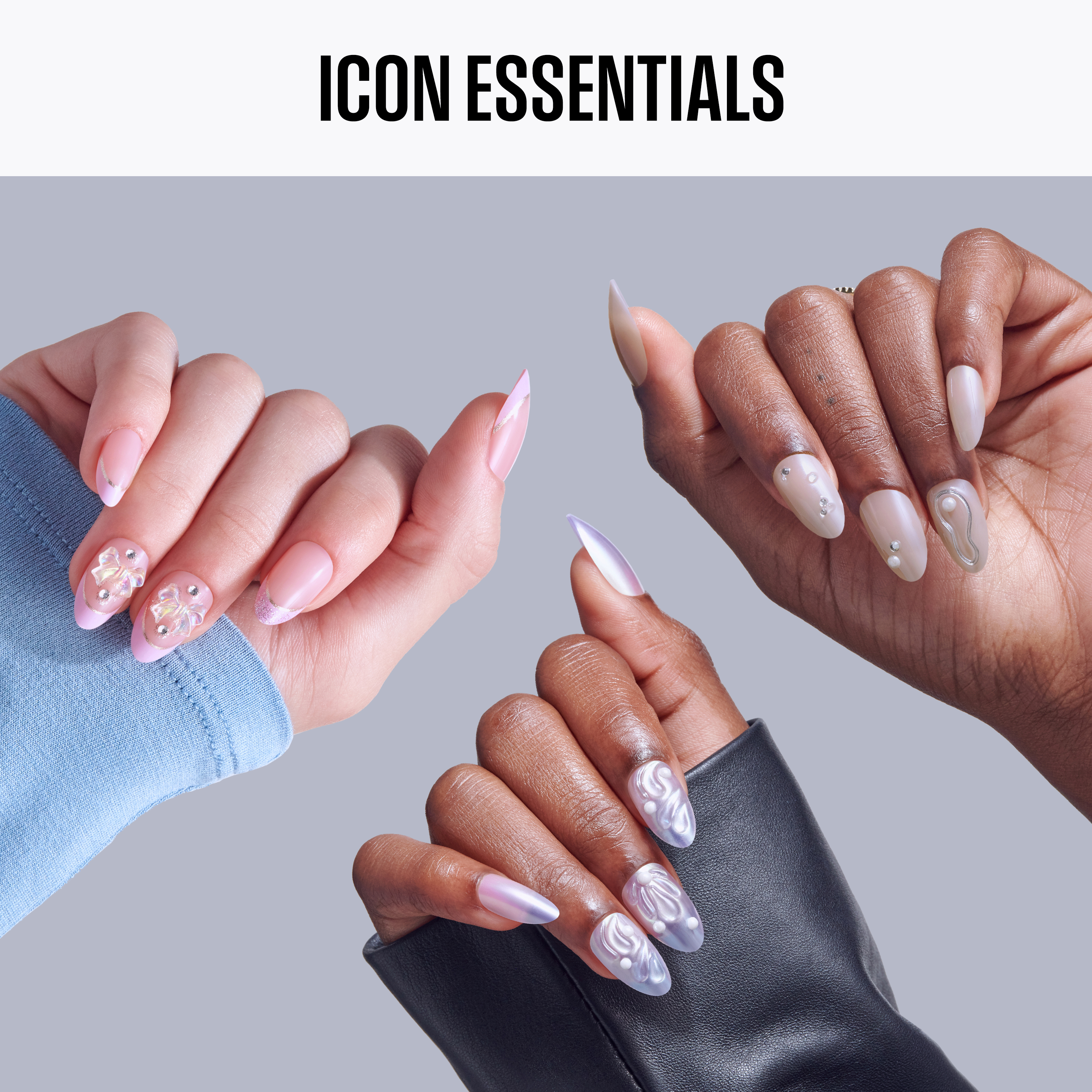 Three hands with stylized nails against a gray background, labeled &