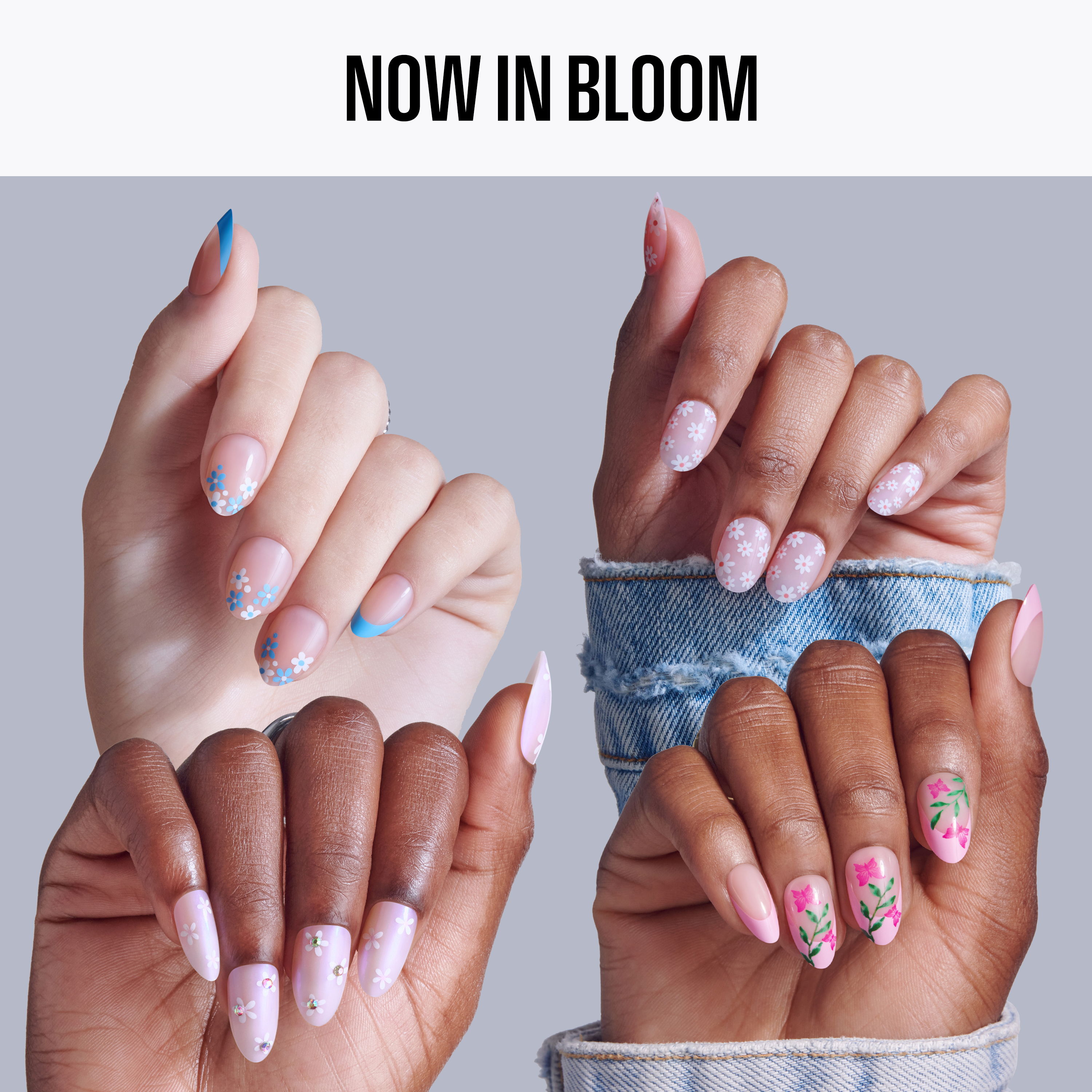 Hands with various nail designs against a gray background, featuring the text &