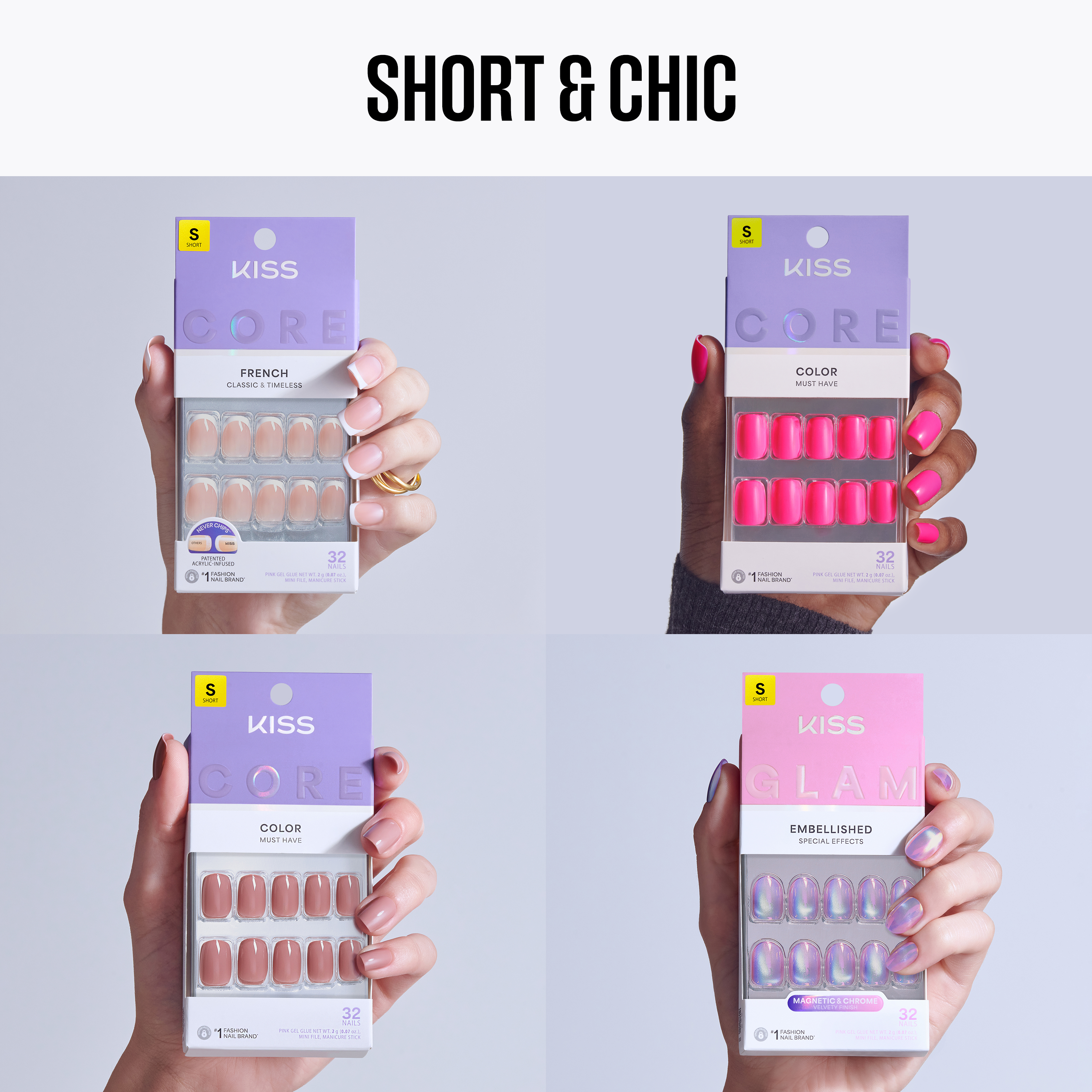 Kiss Press On Glue Nails Bundle - Short &amp; Chic