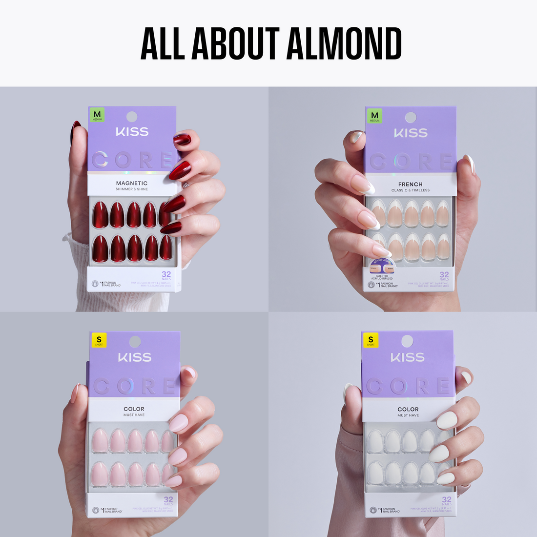 Four packages of Kiss nail art products held by hands with different nail colors on a gray background.