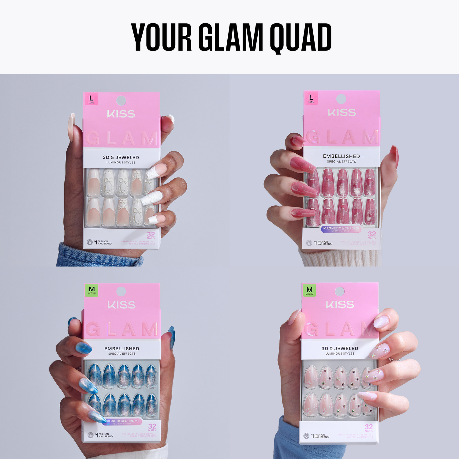 Kiss Glam 3D Jewel &amp; Embellished Press On Glue Nails Bundle - Your Glam Quad 