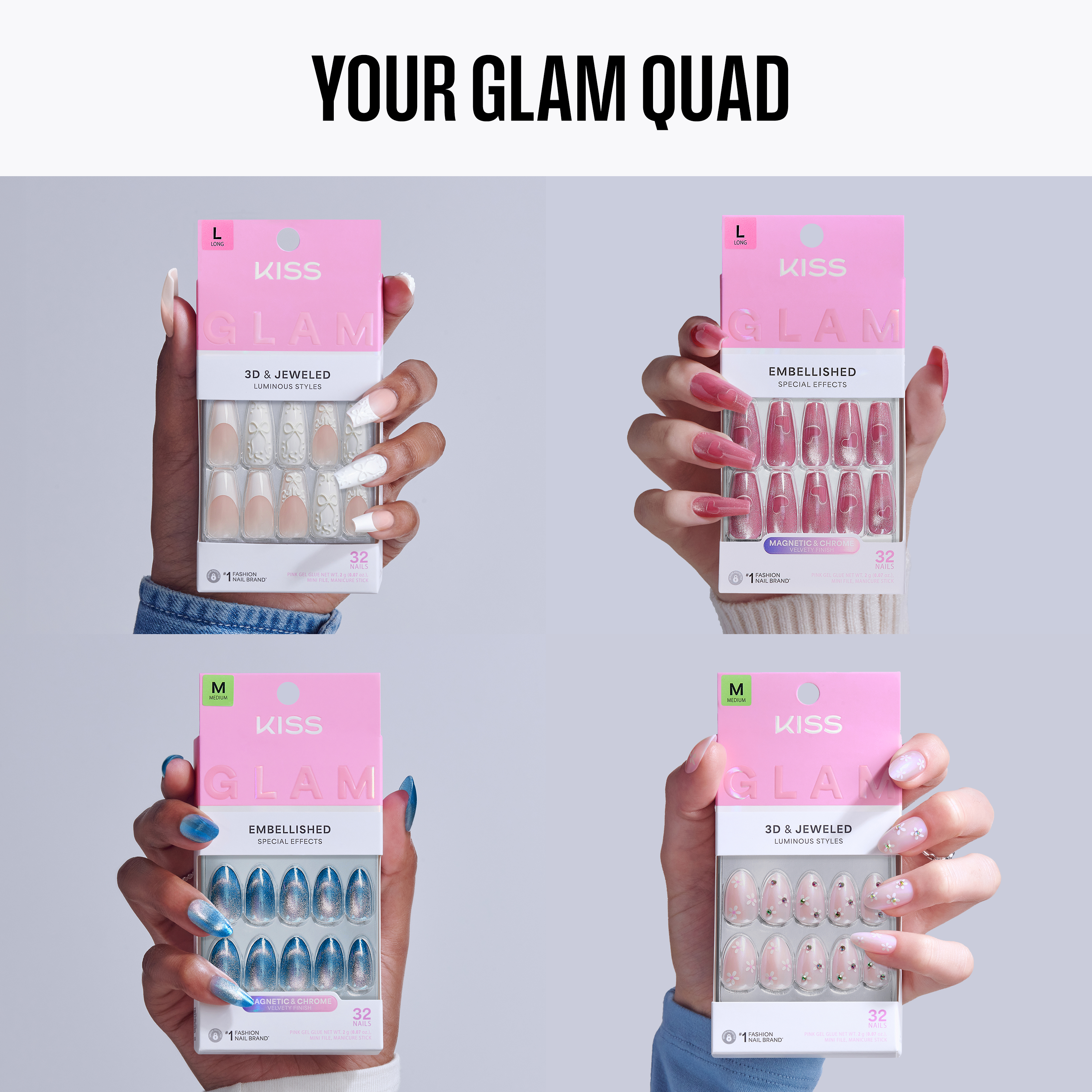 Kiss Glam 3D Jewel &amp; Embellished Press On Glue Nails Bundle - Your Glam Quad 
